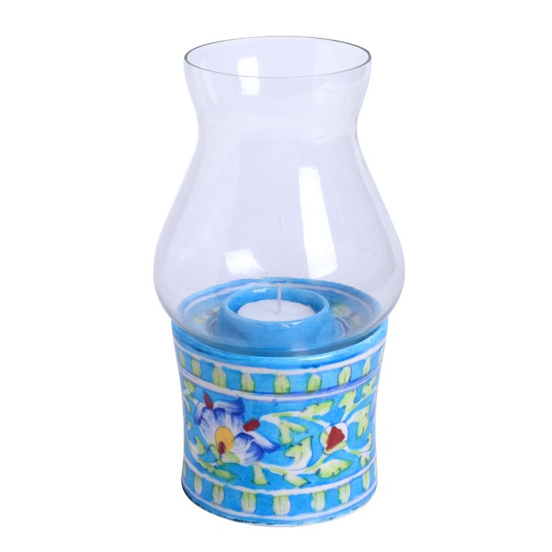 Glass Tealight Candle Holder for Home Office Living Room Decoration (Blue)