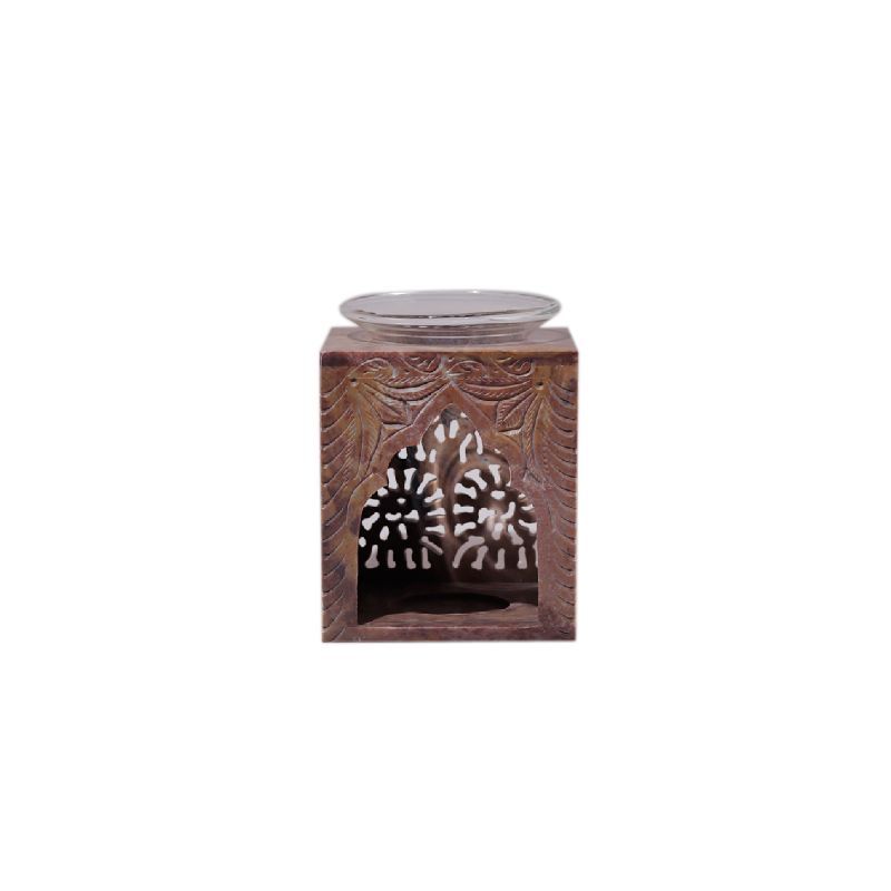 "Square Lattice Design Handcarve Flower Motif" Soapstone Aroma Oil Diffuser and T Light Holder