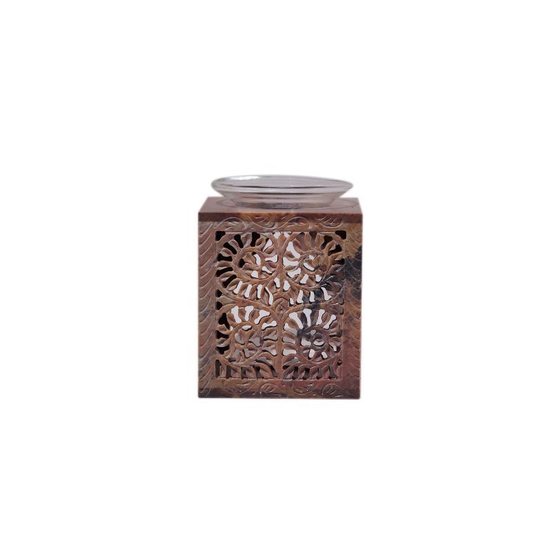 "Square Lattice Design Handcarve Flower Motif" Soapstone Aroma Oil Diffuser and T Light Holder