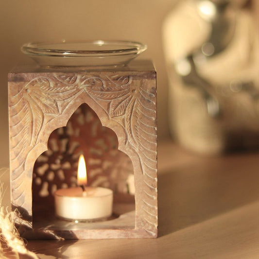 "Square Lattice Design Handcarve Flower Motif" Soapstone Aroma Oil Diffuser and T Light Holder