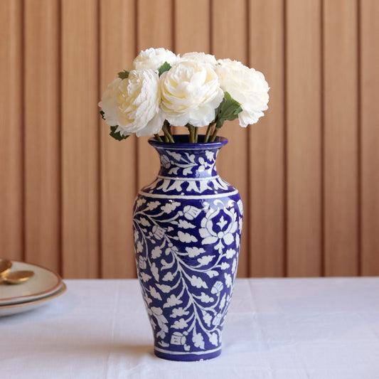 "Blue Art Pottery" Ceramic Unique Decorative Vase for Home Decor, (10 X 3.5 Inch, Blue & White)