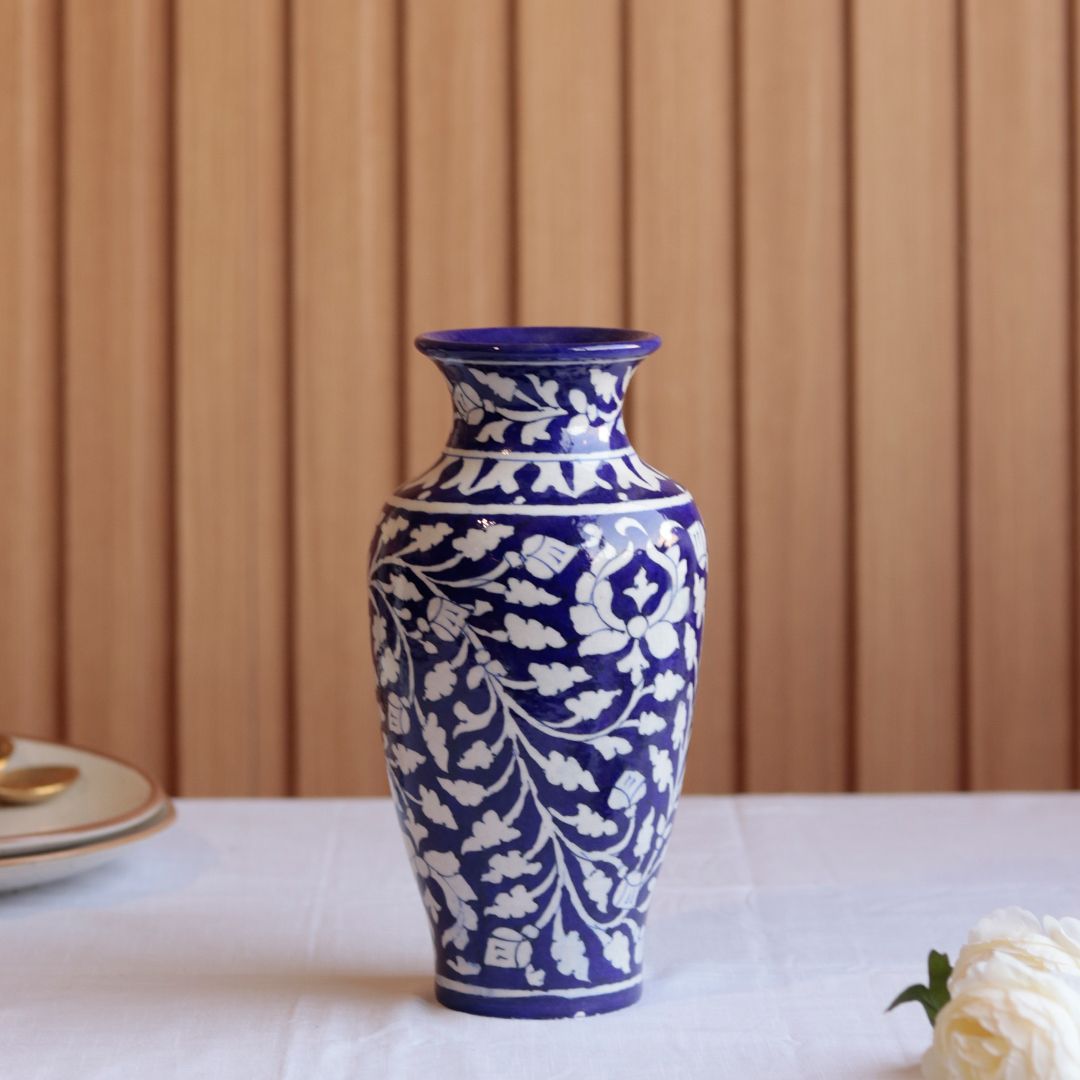 "Blue Art Pottery" Ceramic Unique Decorative Vase for Home Decor, (10 X 3.5 Inch, Blue & White)