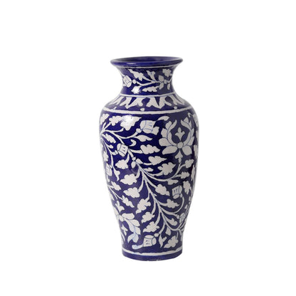 "Blue Art Pottery" Ceramic Unique Decorative Vase for Home Decor, (10 X 3.5 Inch, Blue & White)