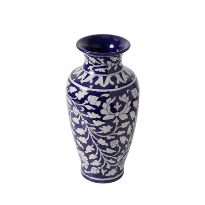 "Blue Art Pottery" Ceramic Unique Decorative Vase for Home Decor, (10 X 3.5 Inch, Blue & White)