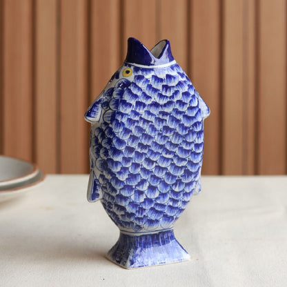 "Madhubani Fish"  blue pottery flower vase