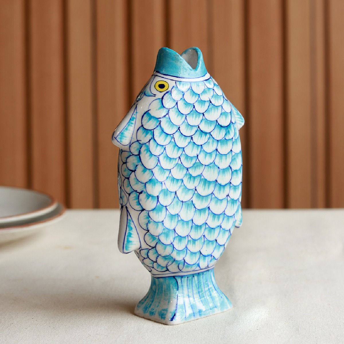 "Madhubani Fish" shades of earth blue pottery flower vase