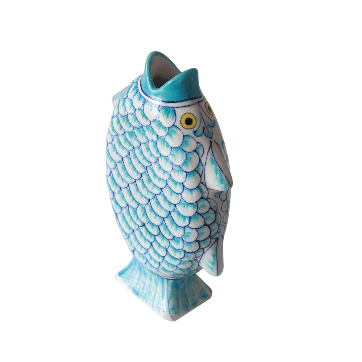 "Madhubani Fish" shades of earth blue pottery flower vase