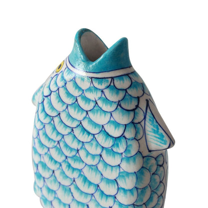 "Madhubani Fish" shades of earth blue pottery flower vase