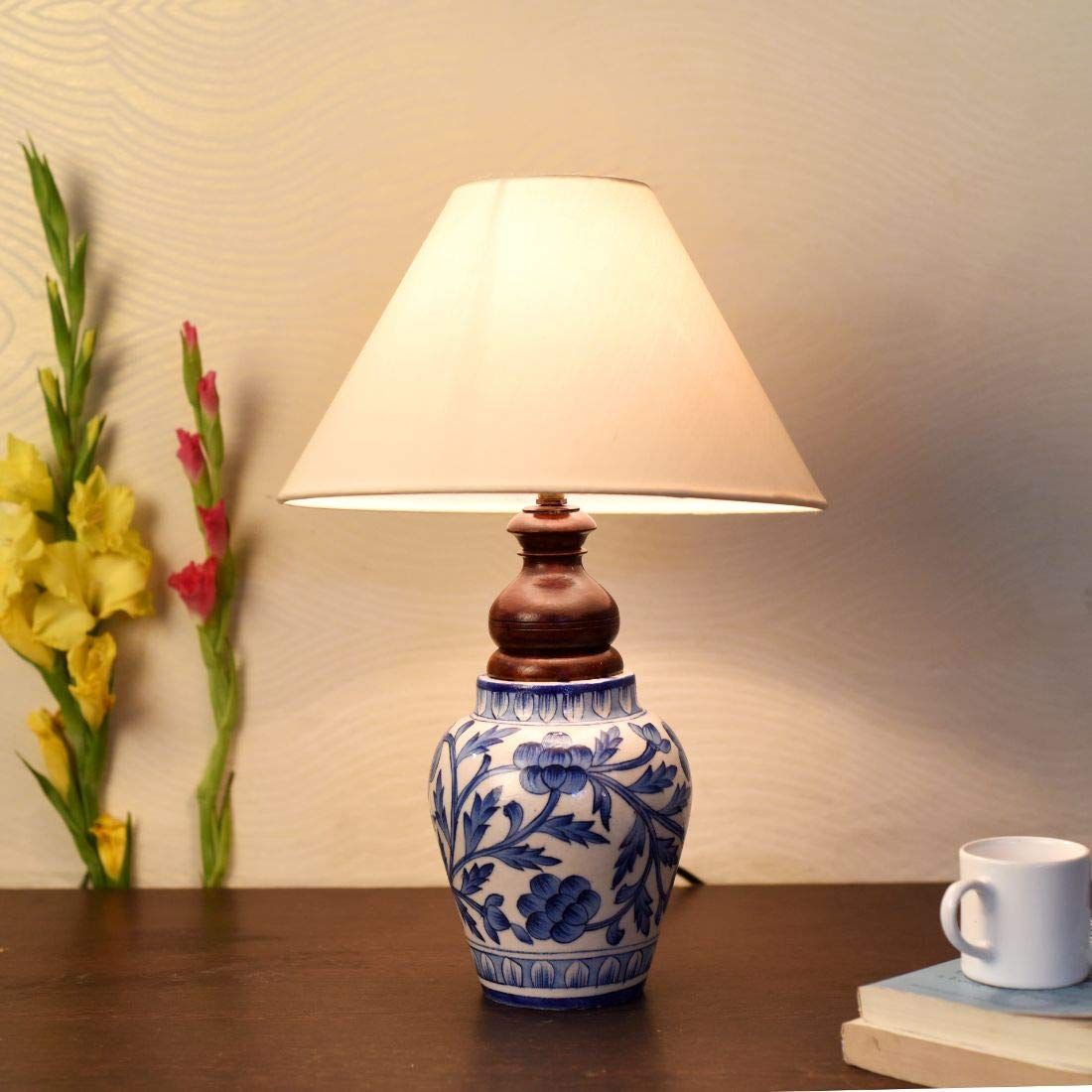 Blue pottery mugal art ceramic matka decorative Lamp (Blue,Off-white)