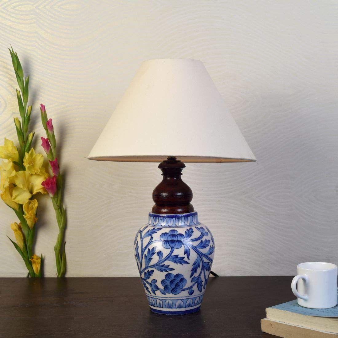 Blue pottery mugal art ceramic matka decorative Lamp (Blue,Off-white)