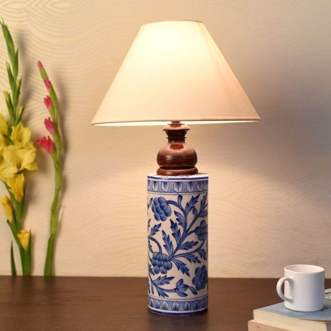 Blue pottery mugal art ceramic cylindrical decorative Lamp (Blue,Off-white)