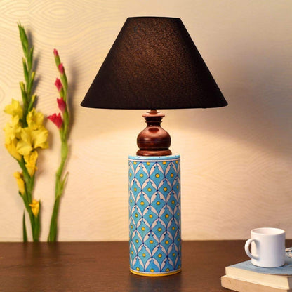 Blue pottery white leave and yellow dot ceramic cylindrical decorative Lamp (Multicolor)