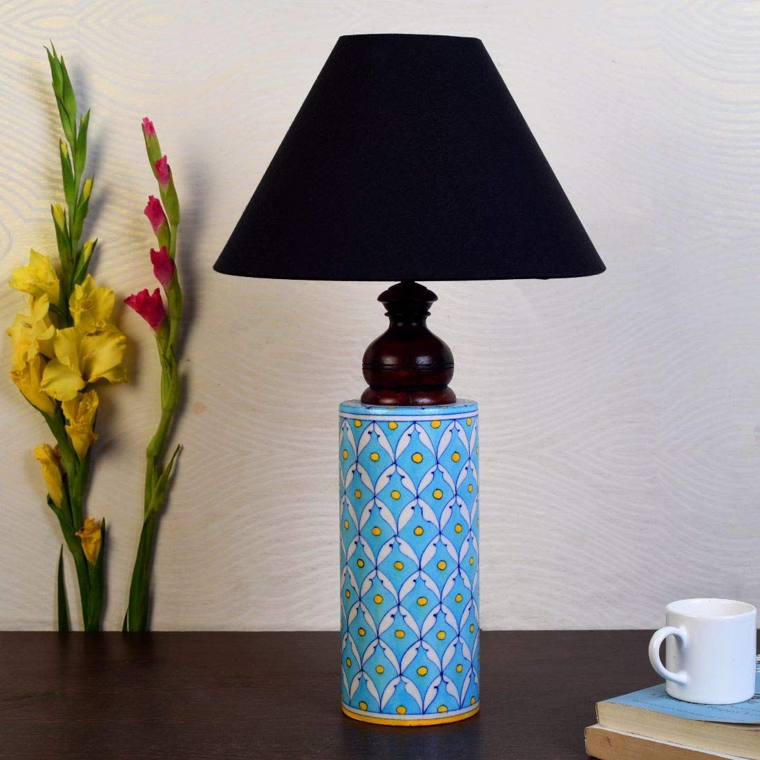 Blue pottery white leave and yellow dot ceramic cylindrical decorative Lamp (Multicolor)