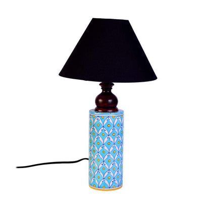 Blue pottery white leave and yellow dot ceramic cylindrical decorative Lamp (Multicolor)