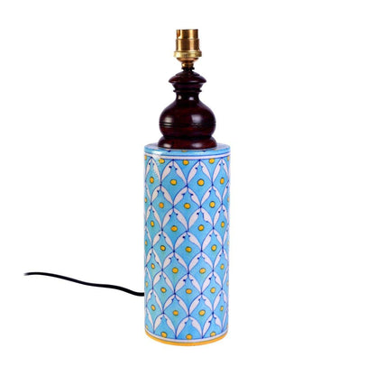 Blue pottery white leave and yellow dot ceramic cylindrical decorative Lamp (Multicolor)