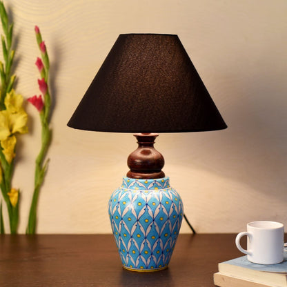 Blue pottery white leave and yellow dot ceramic matka decorative Lamp (Multicolor)