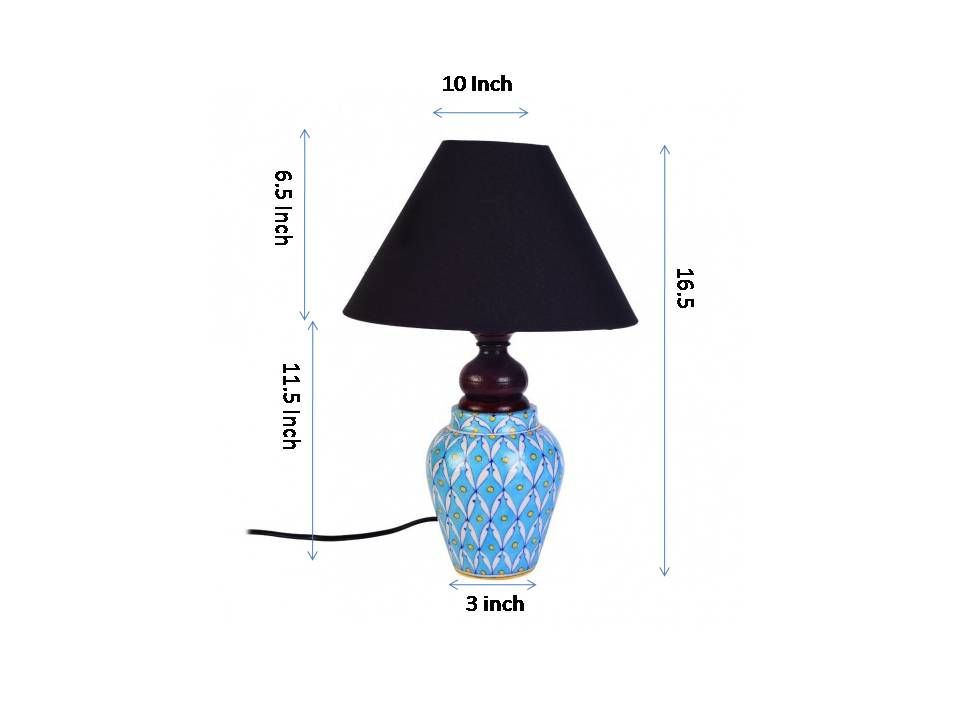 Blue pottery white leave and yellow dot ceramic matka decorative Lamp (Multicolor)