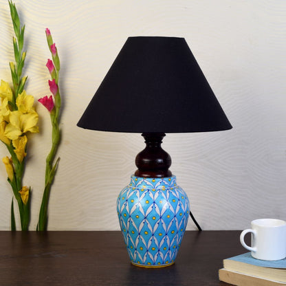 Blue pottery white leave and yellow dot ceramic matka decorative Lamp (Multicolor)