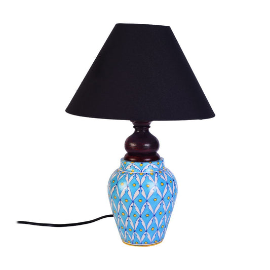 Blue pottery white leave and yellow dot ceramic matka decorative Lamp (Multicolor)