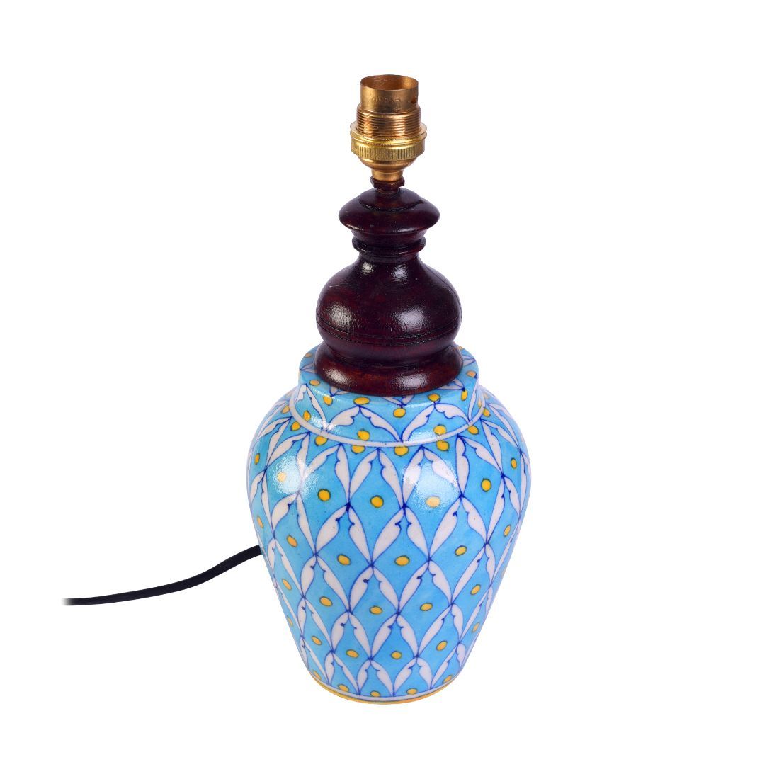 Blue pottery white leave and yellow dot ceramic matka decorative Lamp (Multicolor)