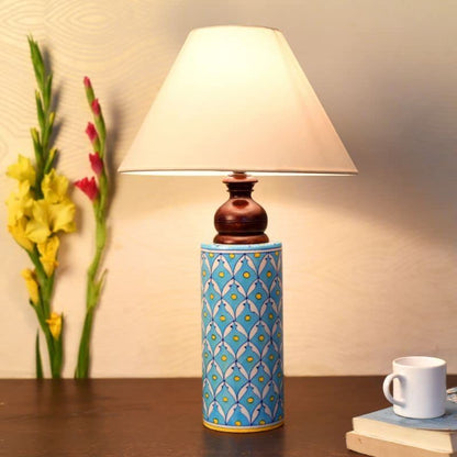 Blue Pottery White Leave and Yellow dot Ceramic Cylindrical Decorative Lamp with White Shade (Multicolor)