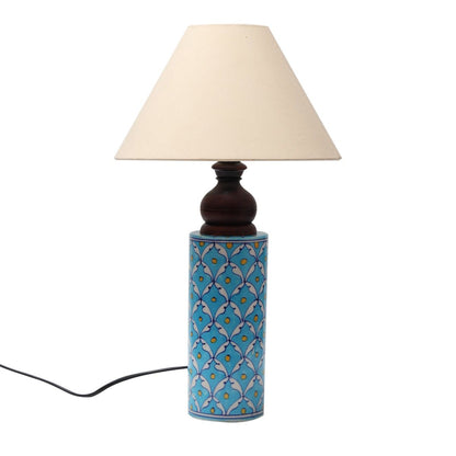 Blue Pottery White Leave and Yellow dot Ceramic Cylindrical Decorative Lamp with White Shade (Multicolor)