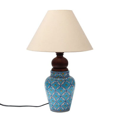 Blue Pottery White Leave and Yellow dot Ceramic Matka Decorative Lamp with White Shade (Multicolor)