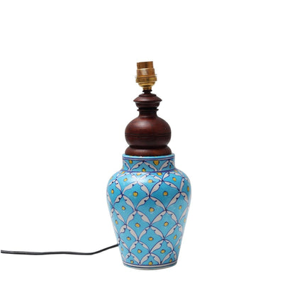 Blue Pottery White Leave and Yellow dot Ceramic Matka Decorative Lamp with White Shade (Multicolor)