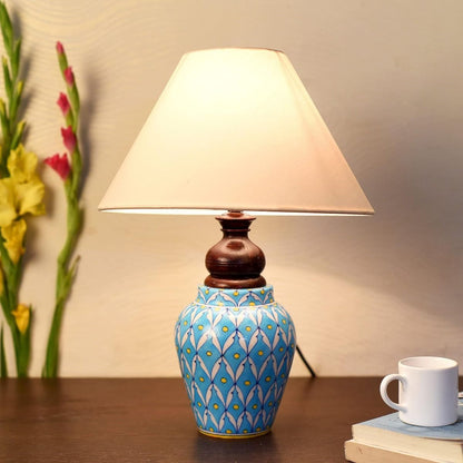 Blue Pottery White Leave and Yellow dot Ceramic Matka Decorative Lamp with White Shade (Multicolor)