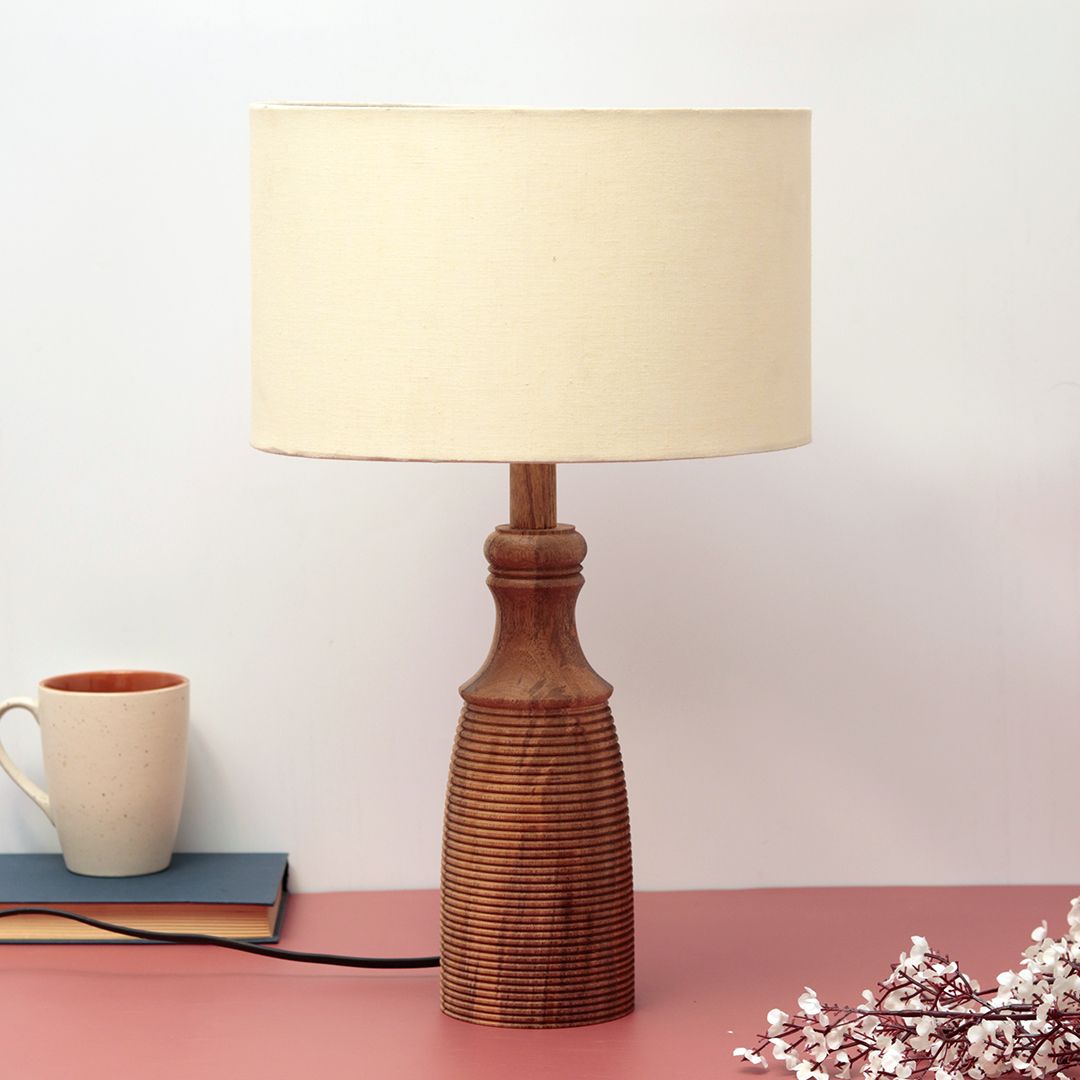 "Cylindrical Ribbed" sheesham wood table lamp with off-white shade