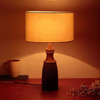 "Cylindrical Ribbed" sheesham wood table lamp with off-white shade