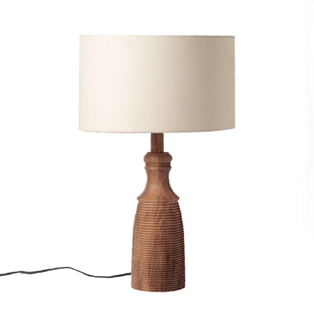 "Cylindrical Ribbed" sheesham wood table lamp with off-white shade