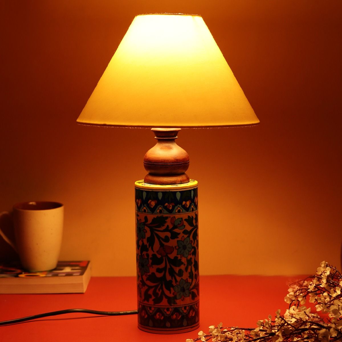 Blue pottery "Mugal Bageecha Cylindrical" ceramic decorative Lamp (Multicolor)