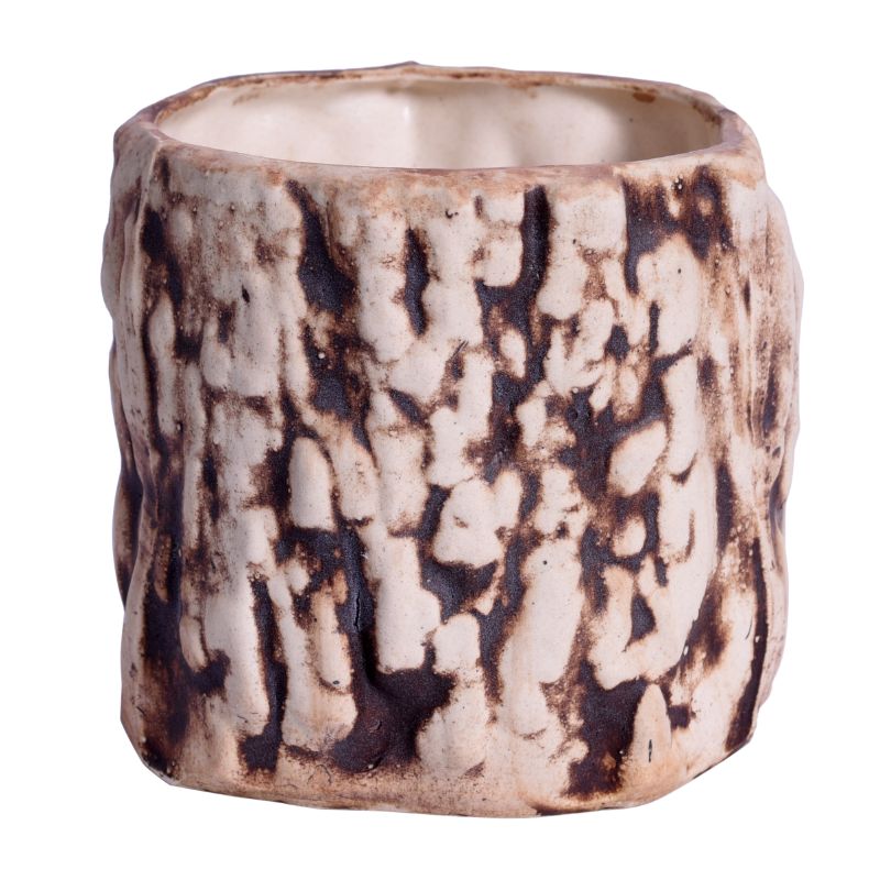 ceramic matte finish wooden texure cylindrical table top planter