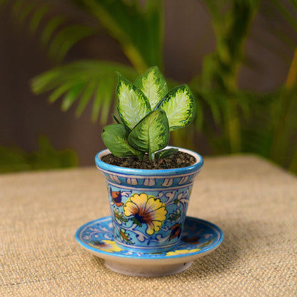 Outdoor Garden Decorative Living Room Blue Pottery Ceramic Planter with Ceramic Tray(Blue)