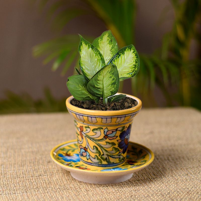 Outdoor Garden Decorative Living Room Blue Pottery Ceramic Planter with Ceramic Tray(Yellow)