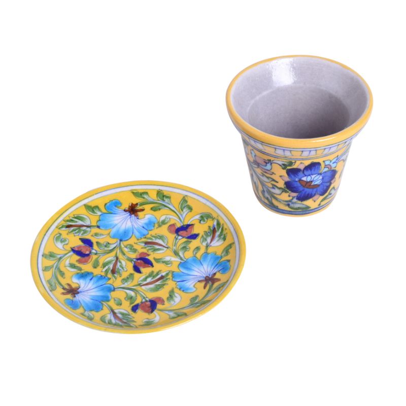 Outdoor Garden Decorative Living Room Blue Pottery Ceramic Planter with Ceramic Tray(Yellow)