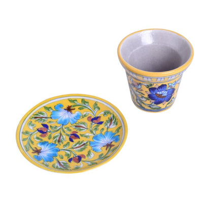 Outdoor Garden Decorative Living Room Blue Pottery Ceramic Planter with Ceramic Tray(Yellow)