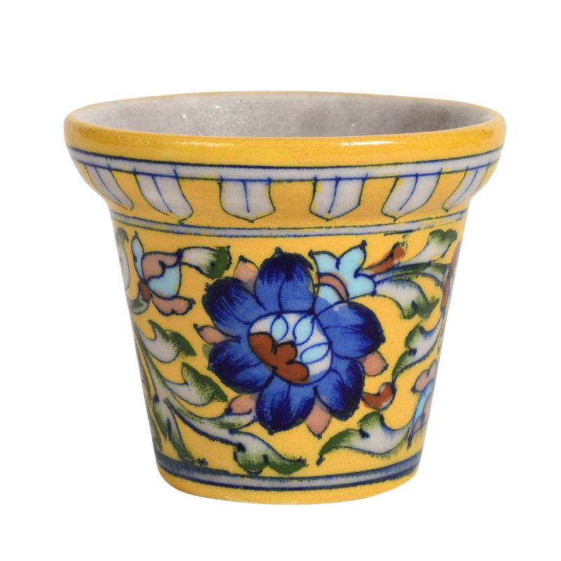 Outdoor Garden Decorative Living Room Blue Pottery Ceramic Planter with Ceramic Tray(Yellow)