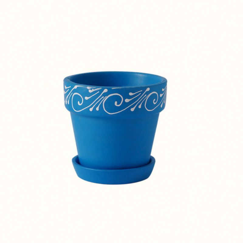 "Swirl Motif" blue handmade & handpainted planter pot with tray in terracotta