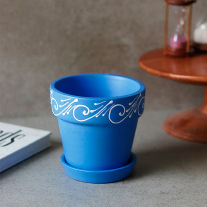 "Swirl Motif" blue handmade & handpainted planter pot with tray in terracotta