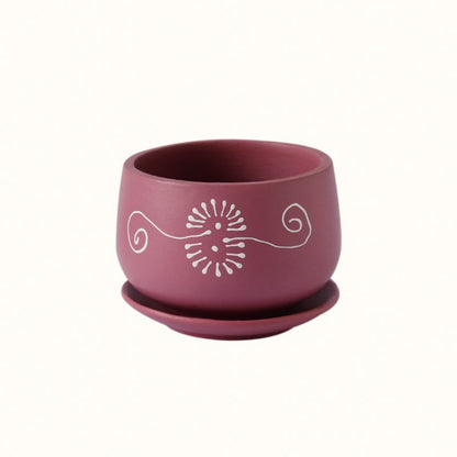 "Flower Motif" maroon handmade & handpainted planter pot with tray in terracotta