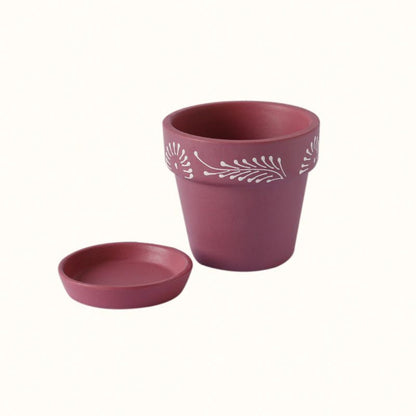 "Swirl Motif" maroon handmade & handpainted planter pot with tray in terracotta