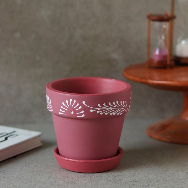 "Swirl Motif" maroon handmade & handpainted planter pot with tray in terracotta