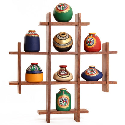 8 Terracotta Warli Handpainted Pots With Sheesham Wooden Frame