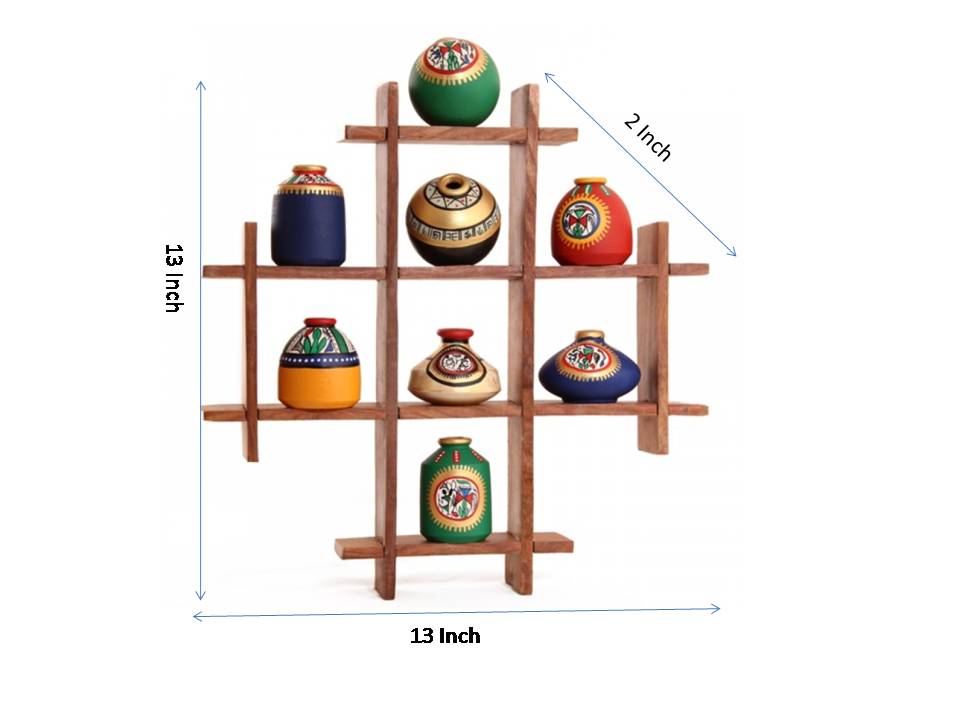 8 Terracotta Warli Handpainted Pots With Sheesham Wooden Frame