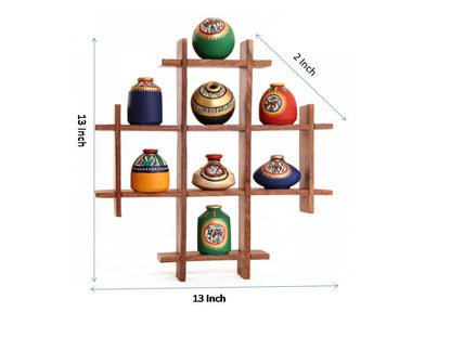 8 Terracotta Warli Handpainted Pots With Sheesham Wooden Frame
