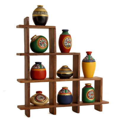 9 Warli painted pots with Sheesham Wooden Frame