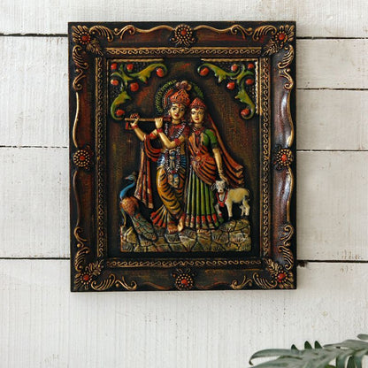 "Dancing Radha Krishna" fiber procession wall art in wooden frame