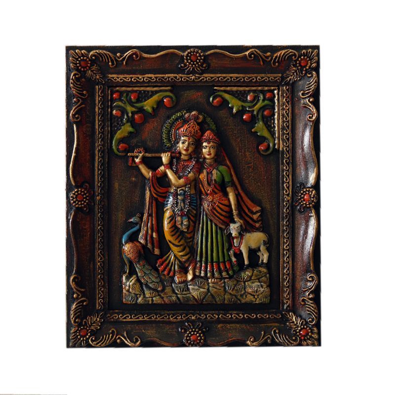 "Dancing Radha Krishna" fiber procession wall art in wooden frame